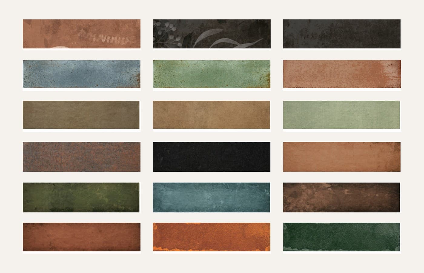 Decorative ceramic texture strips showing antique-style color and surface directions