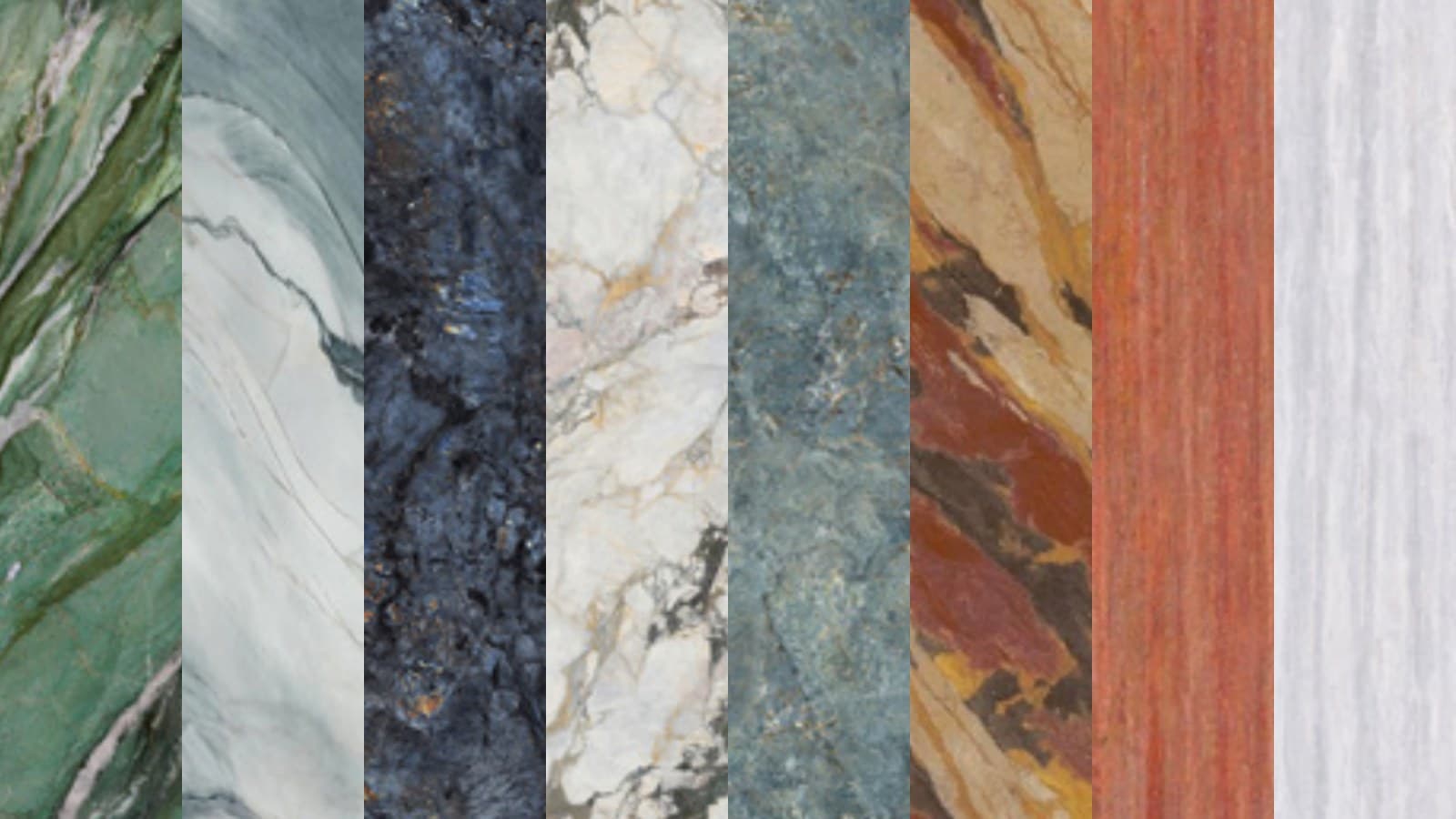 Material texture samples showing marble, stone, terrazzo, and wood-look ceramic surface directions