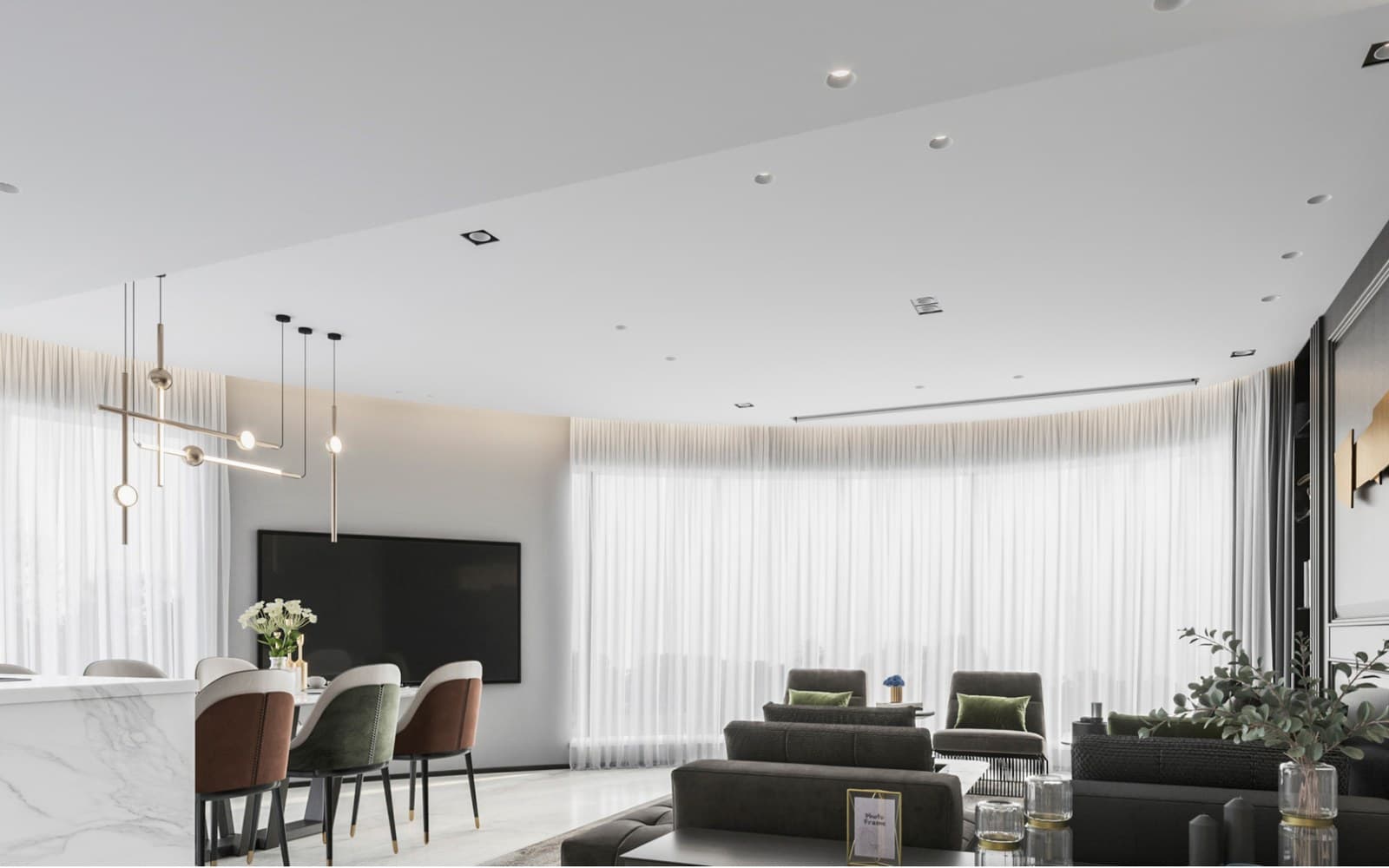 Interior scene with recessed spotlights across a curved ceiling.