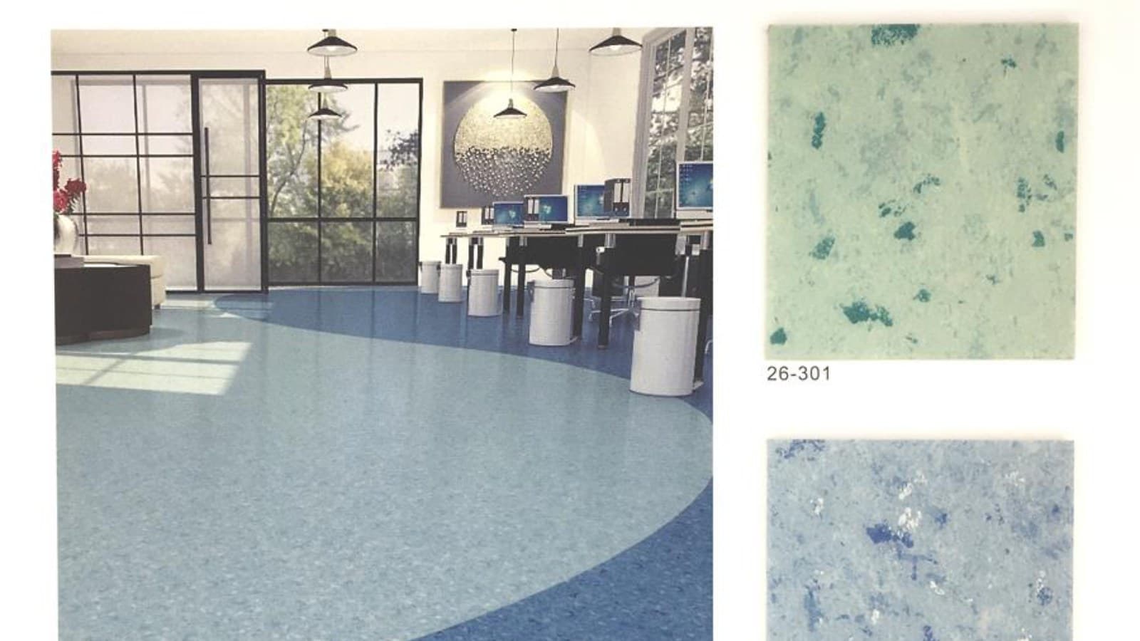 Commercial resilient flooring scene with blue-toned surface references.