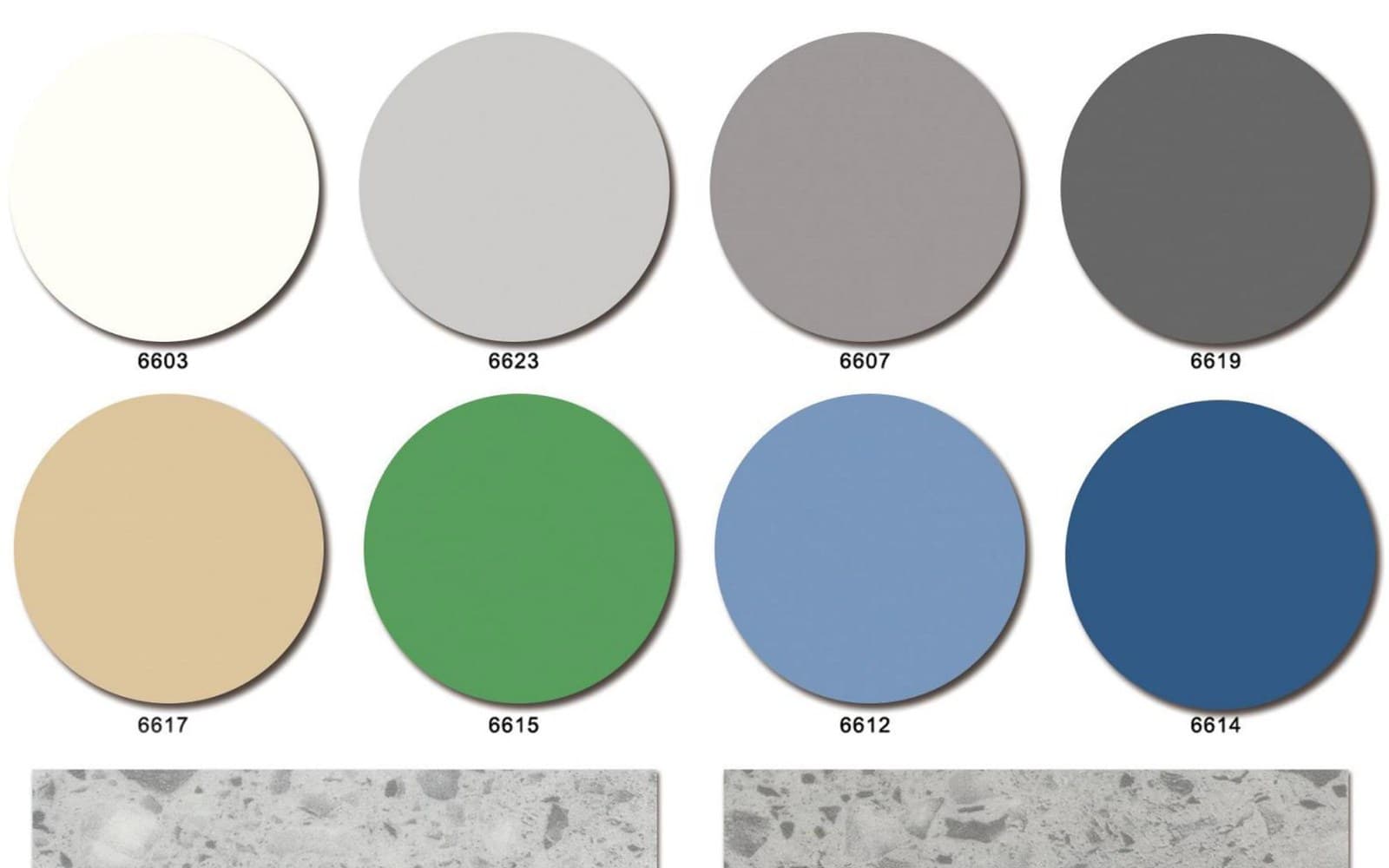 Solid color and speckled surface references for commercial resilient vinyl flooring.