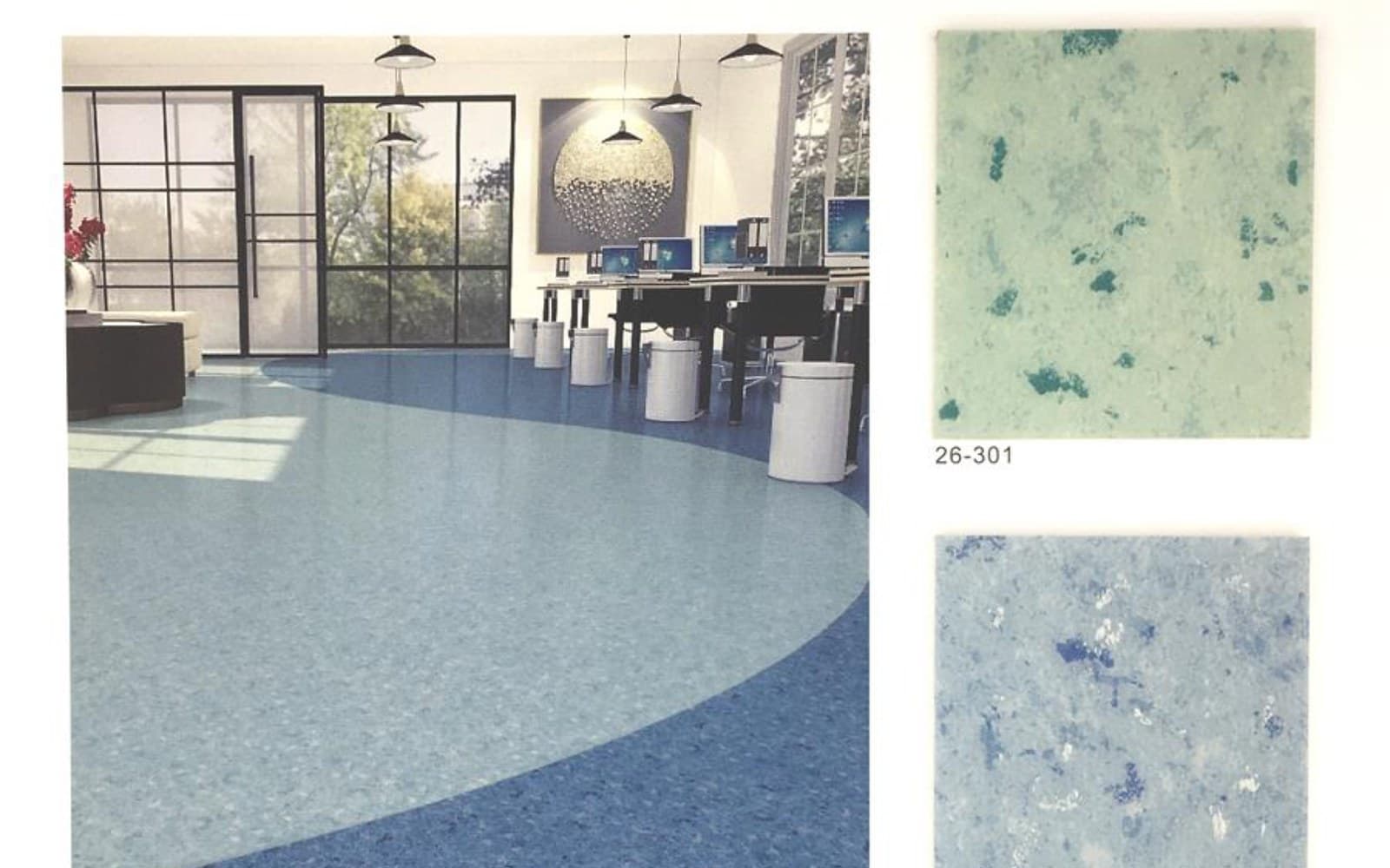 Commercial-use foamed bottom resilient vinyl flooring reference with blue-toned surfaces.