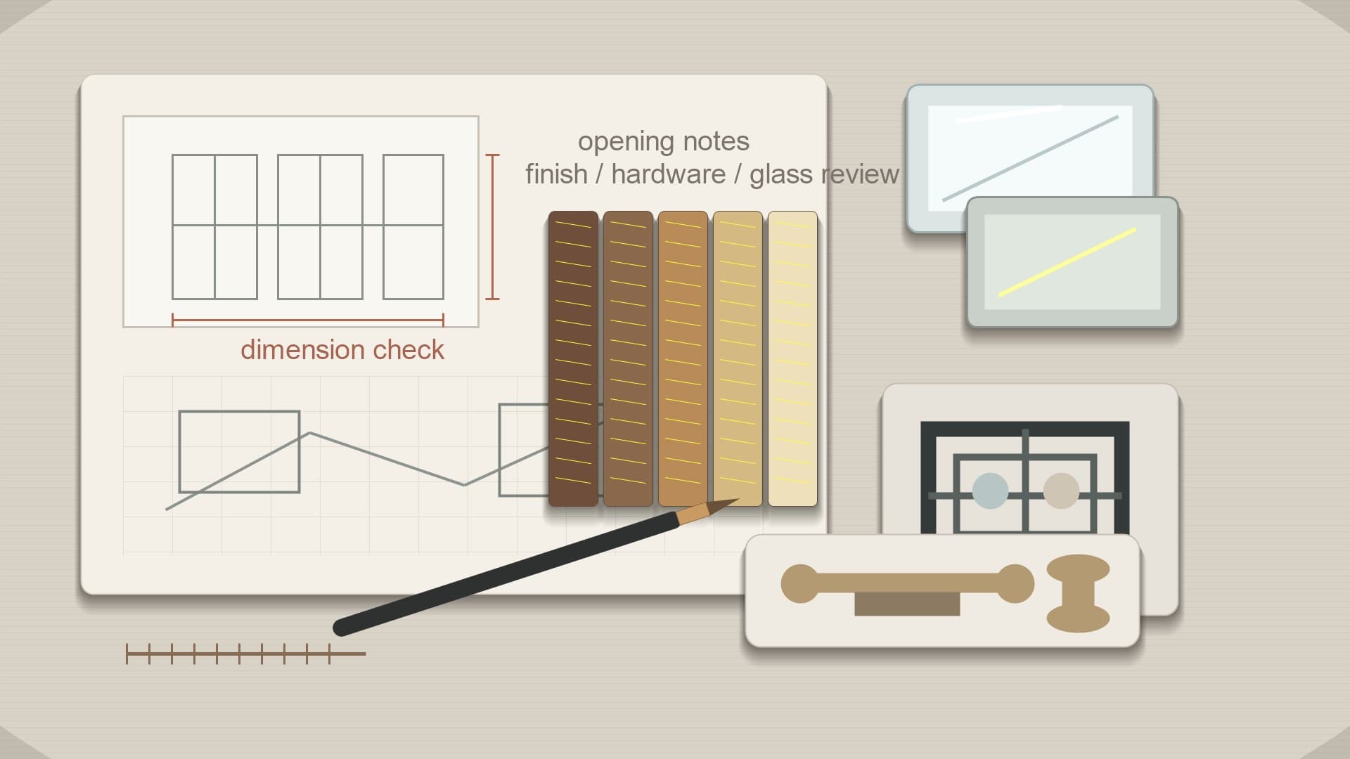 Material review desk with door finish samples, window profile drawings, glass samples, hardware pieces, and measurement notes.
