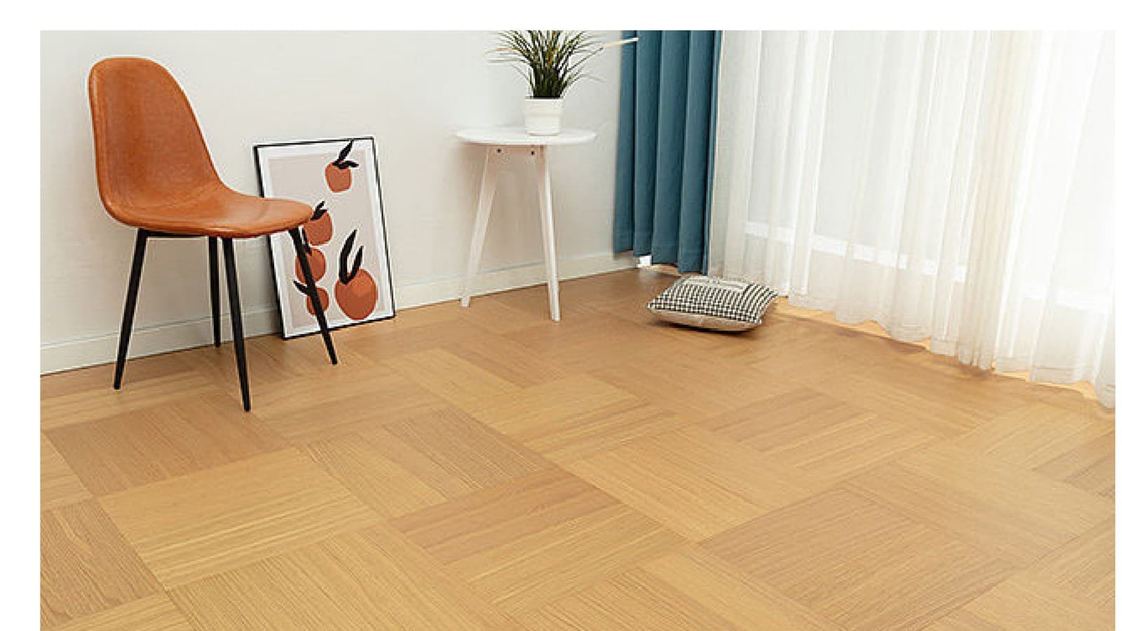 Parquet engineered wood flooring scene in a bright interior.