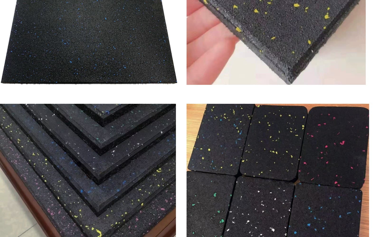 Color-speckled rubber tile product references in black with colored flecks.