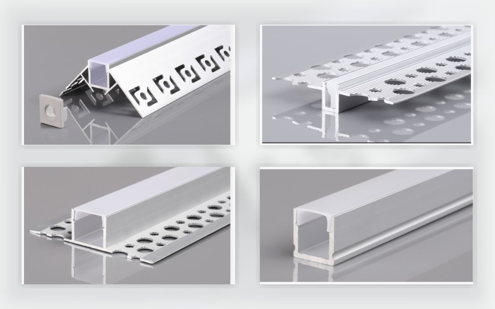 Cropped built-in and three-sided aluminum profile references for linear lighting.