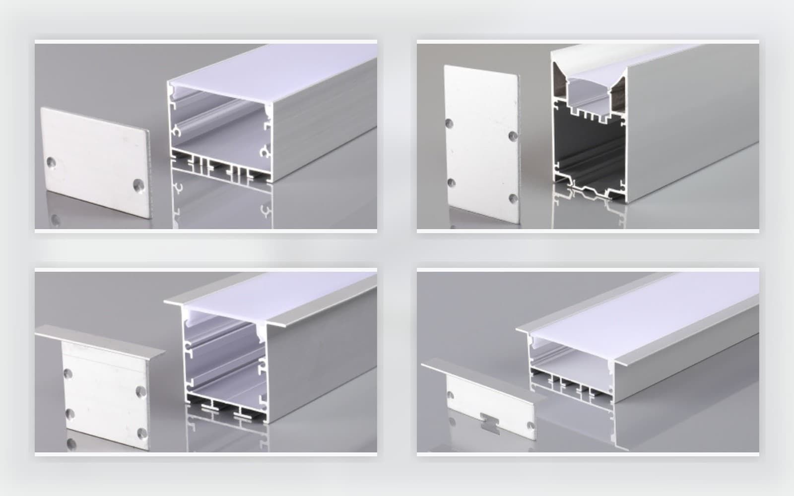 Cropped surface-mounted and recessed aluminum profile references for linear lighting.