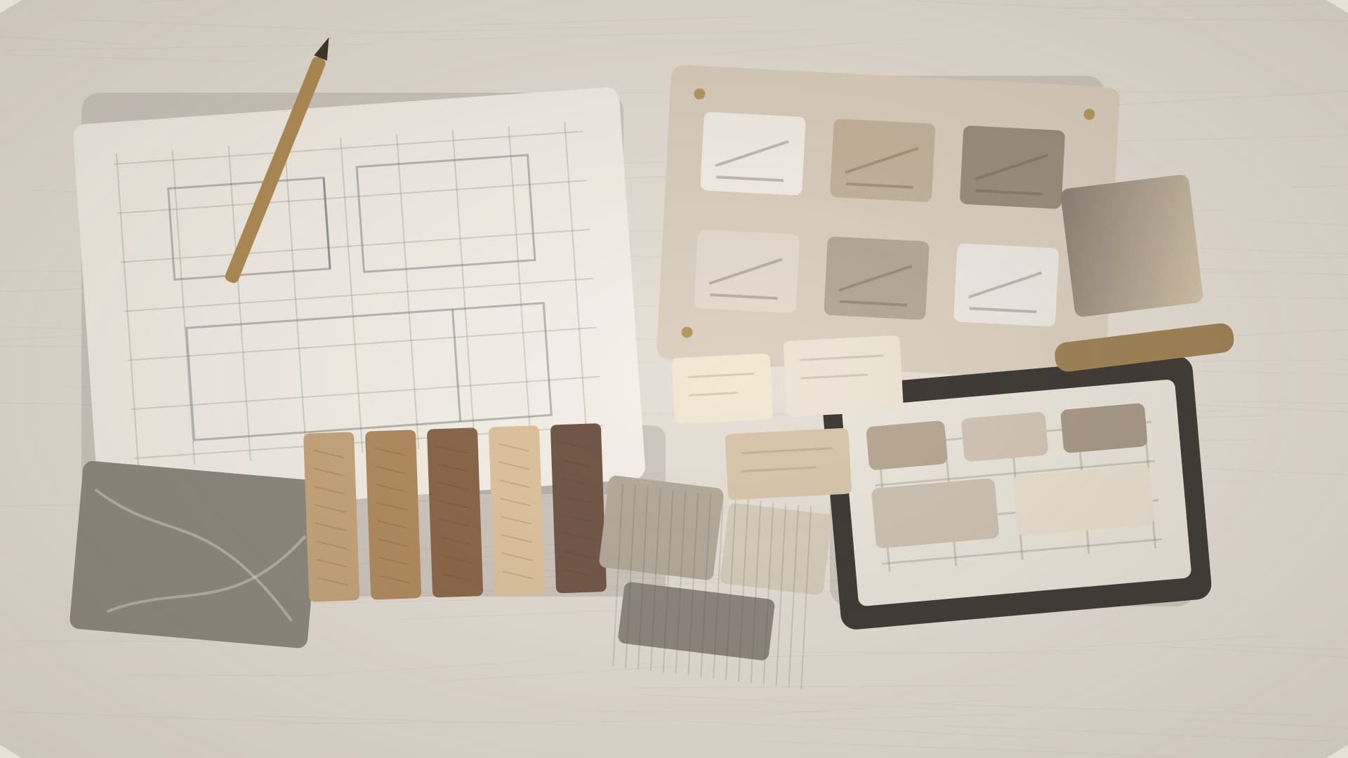 Abstract desk review board with material samples, drawings, notes, and a tablet screen for an online material review.