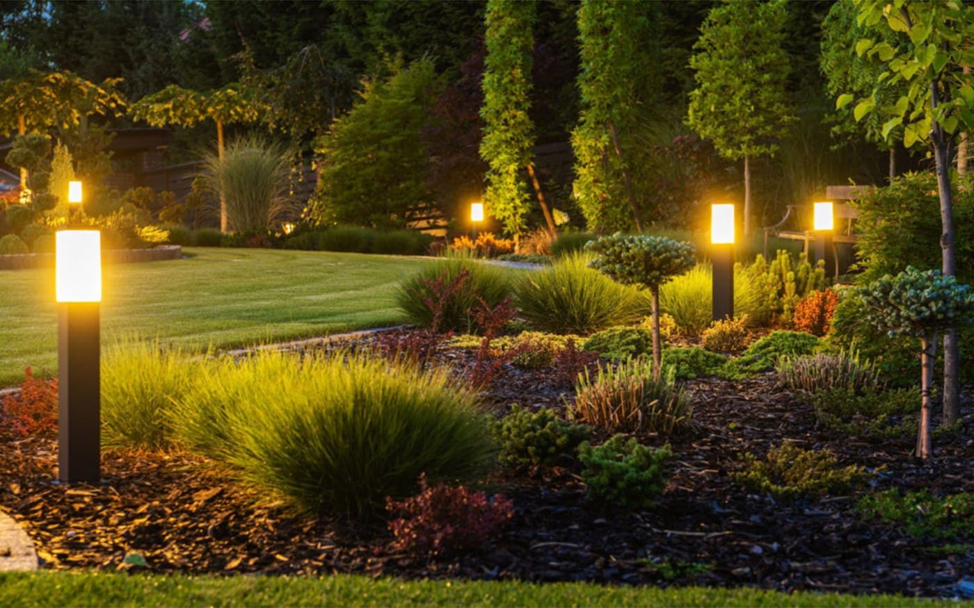 Garden landscape with warm lawn and pathway lighting across planting areas.