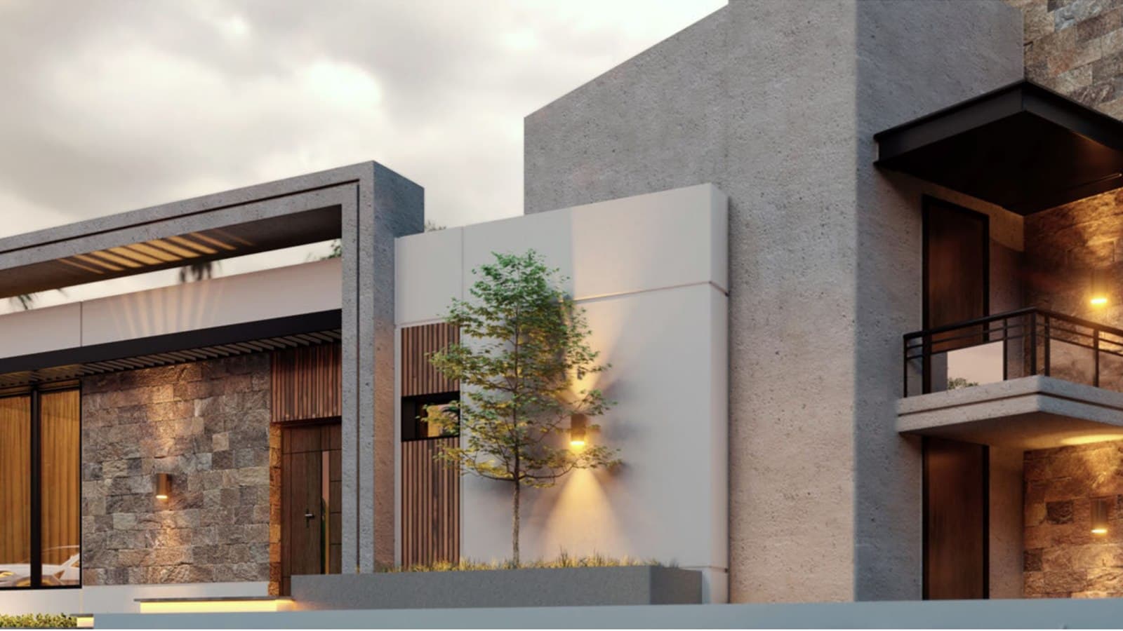 Modern exterior facade with warm outdoor wall lighting and landscape accents.