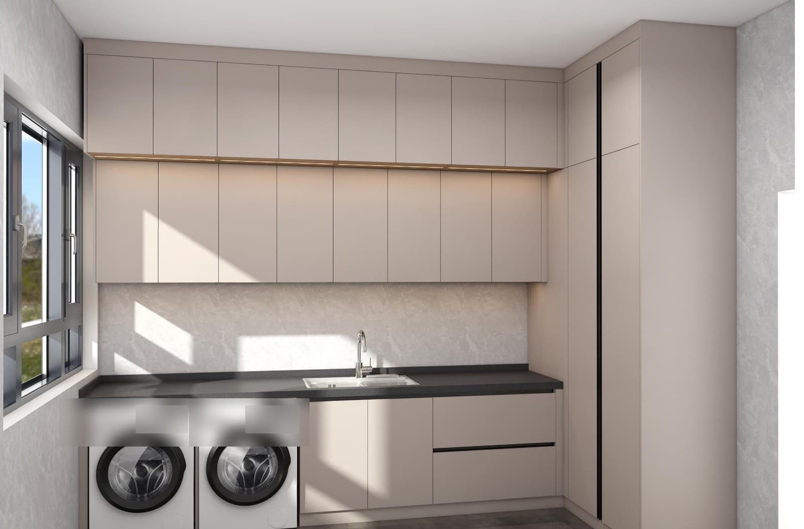 Laundry cabinetry with sink, countertop, storage cabinets, and appliance positions