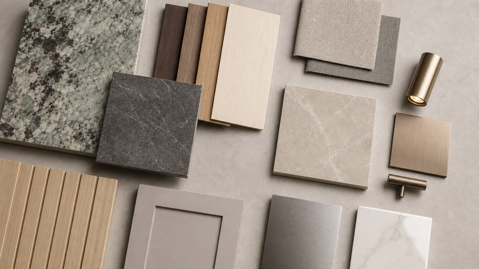 Material board with stone, wood, fabric, lighting, sanitary, and hardware samples arranged as sourcing references.