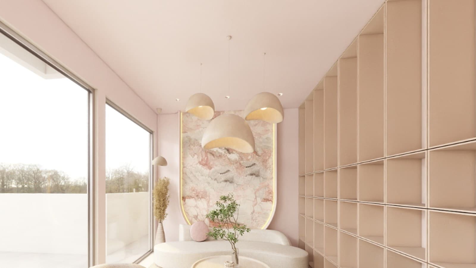 Preview of a pink modern wabi-sabi salon walkthrough reference in Angola.