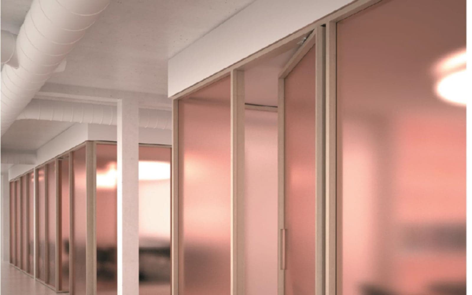 Decorative glass partition reference for privacy, color and light review.