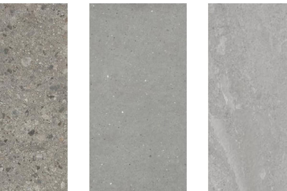 Terrazzo and stone-look surface material samples.