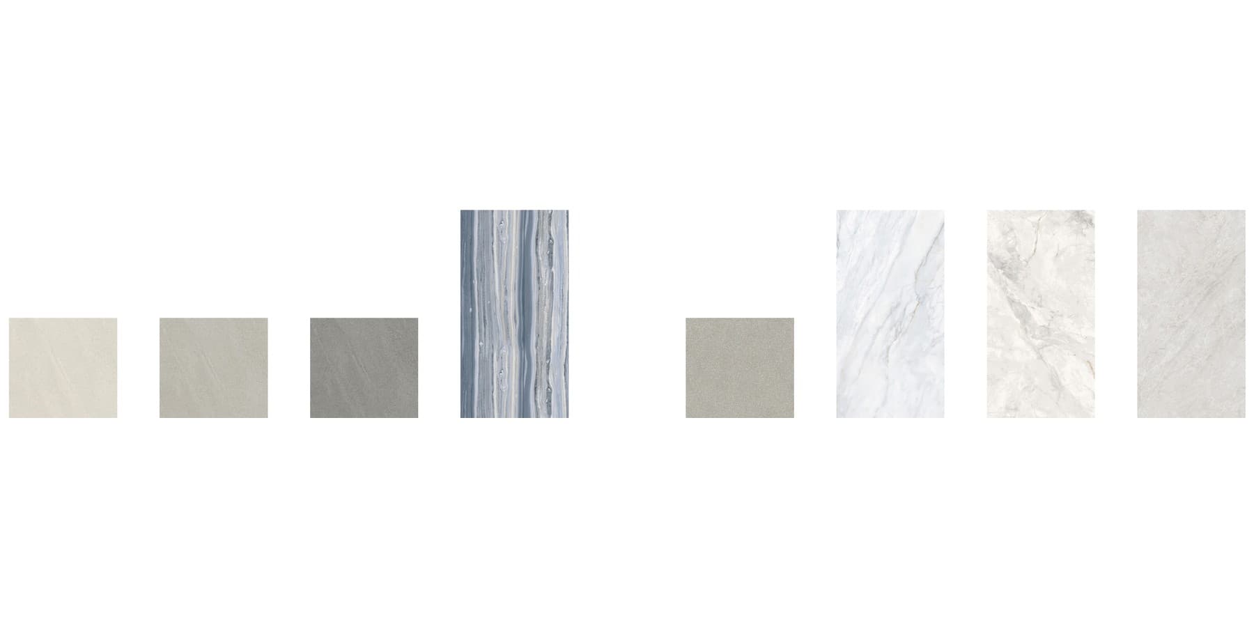Stone-look ceramic surface material samples in neutral tones.