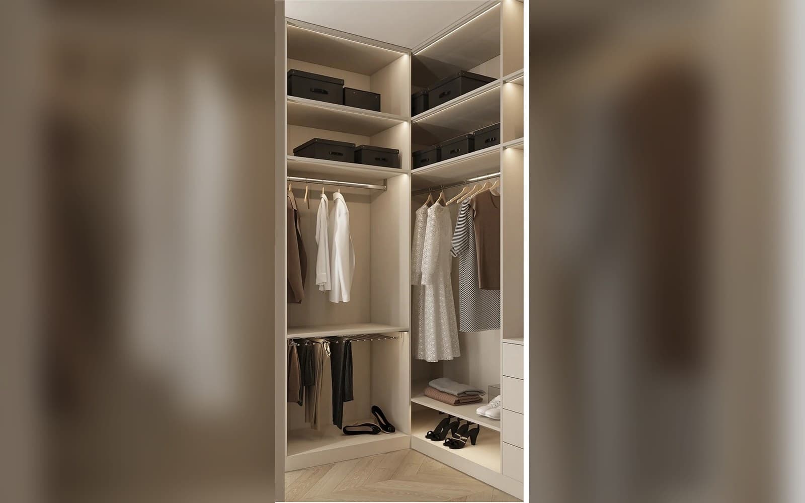 Walk-in closet storage planning with hanging areas, shelves, drawers, and lighting