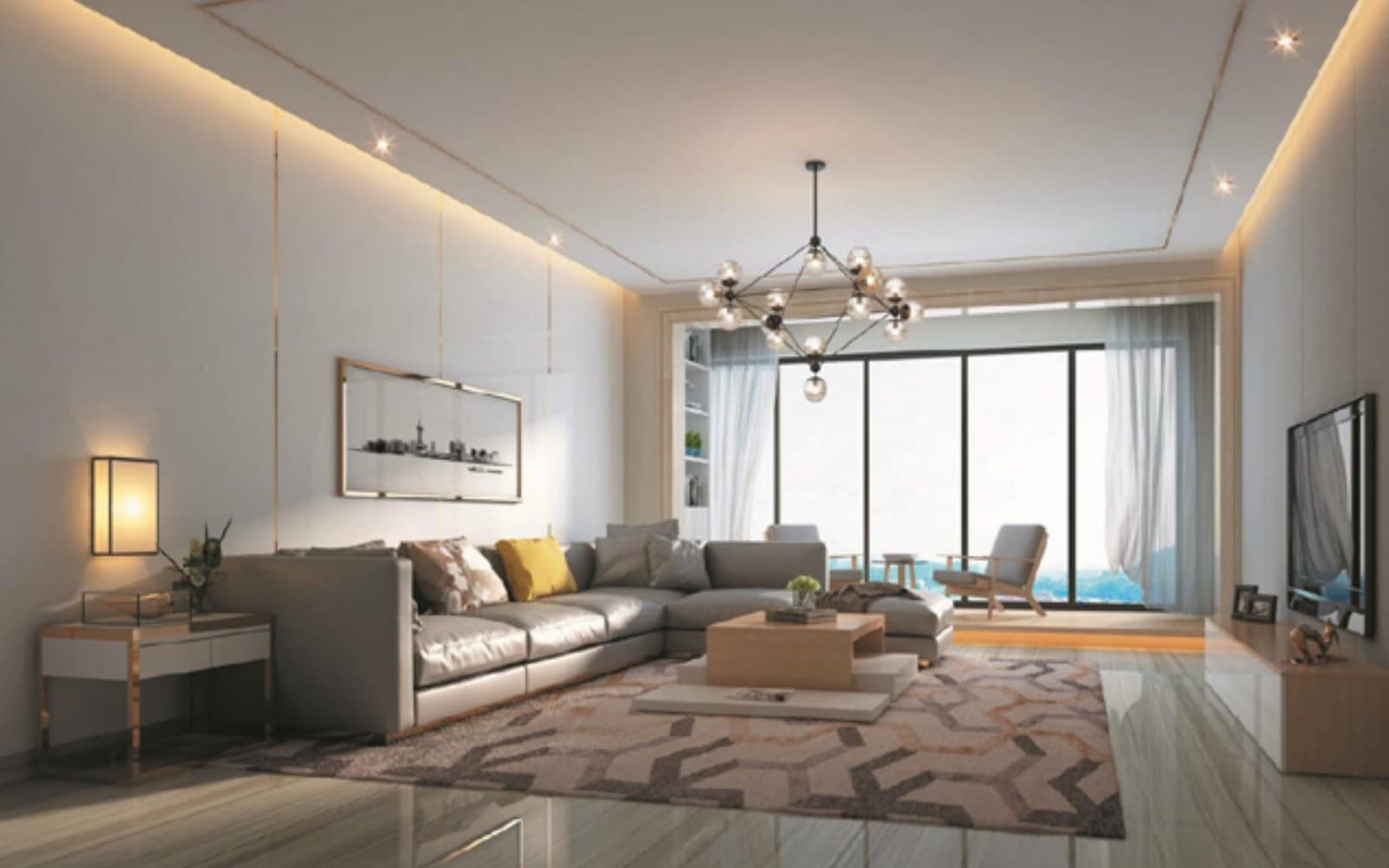 Living room with coordinated wall panels, ceiling lines and warm metal trim details