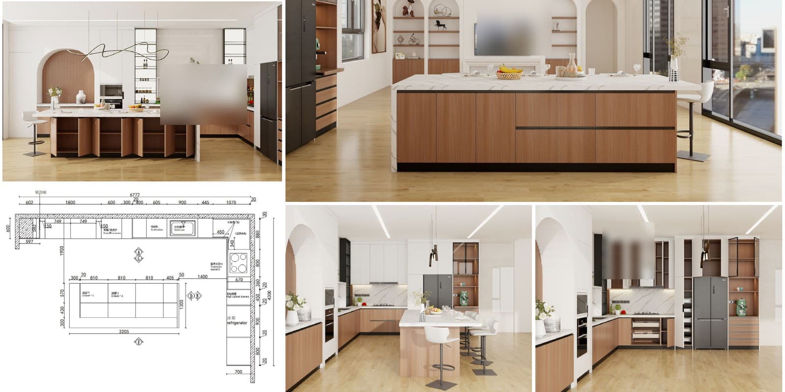 Kitchen cabinetry layout reference with plan and multiple design views