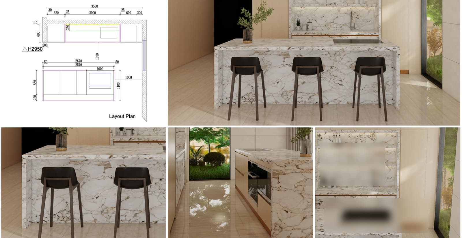Kitchen cabinetry arrangement with island, wall cabinets, and functional storage zones