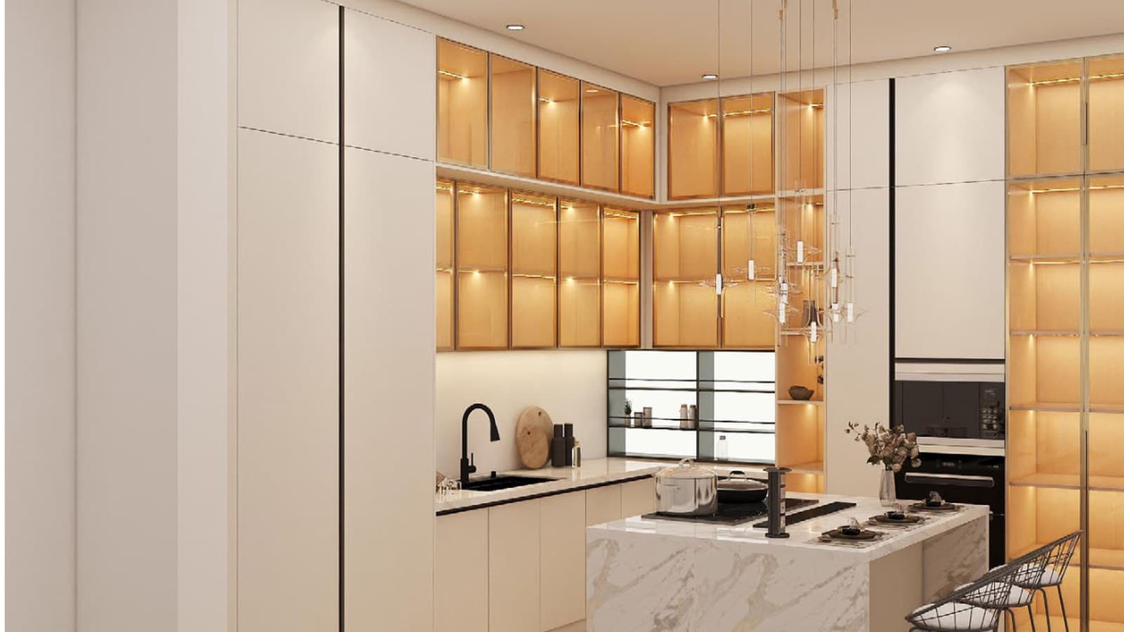 Modern custom kitchen cabinetry with island and built-in storage
