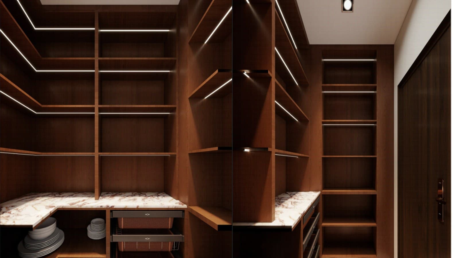 Pantry cabinetry storage room with shelves, drawers, and countertop area