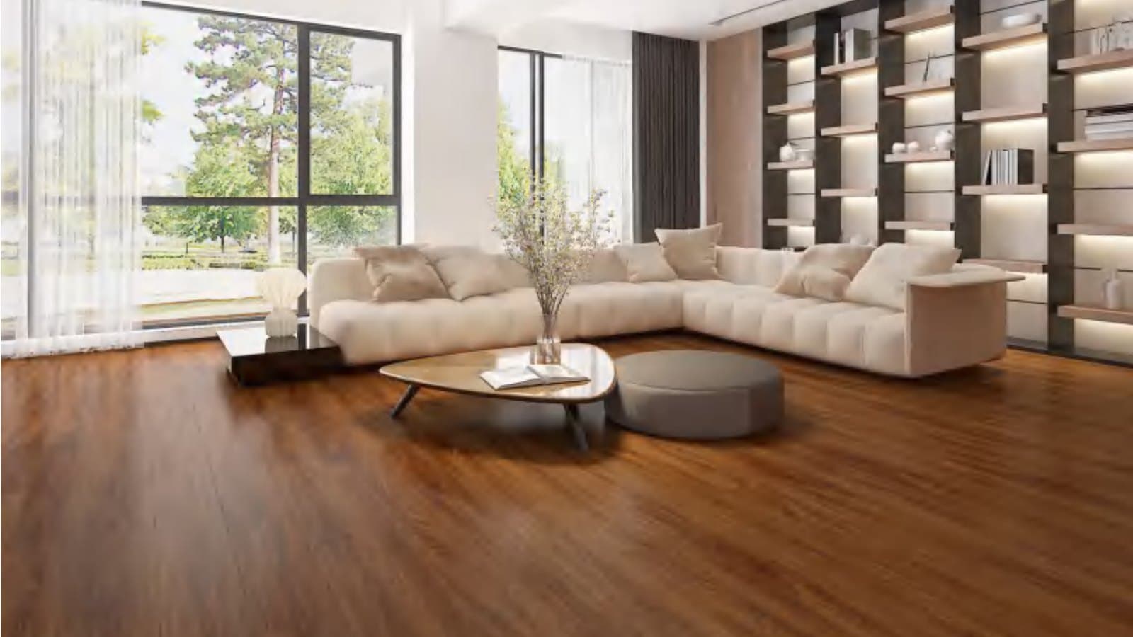 SPC wood-look flooring in a bright living room interior.